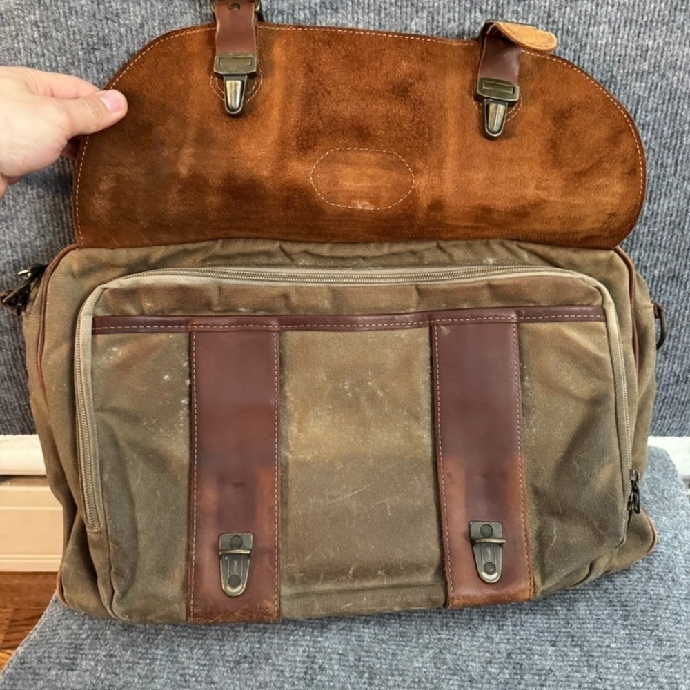 LL Bean Vintage Waxed Canvas Leather Briefcase Laptop Bag Olive Brown Satchel - Picture 8 of 16